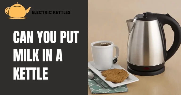 An electric kettle on a kitchen countertop with a splash of milk being poured into a cup