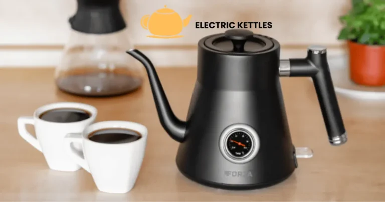 Black coffee with electric kettle on counter shelves